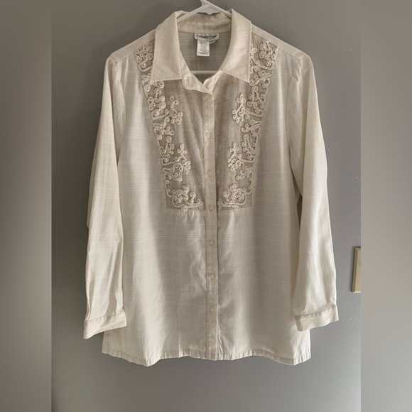 Coldwater Creek Womens Blouse PL Cream Long Sleeve Embroidered Floral Boho - Picture 1 of 8